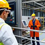 **  A factory safety inspector conducting a walkthrough, observing workers and machinery. Focus on details like cable routing, emergency exits, and PPE usage (safety glasses, etc.). Capture the mix of technical risks and human behavior.

**