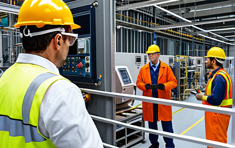 ** A factory safety inspector conducting a walkthrough, observing workers and machinery. Focus on details like cable routing, emergency exits, and PPE usage (safety glasses, etc.). Capture the mix of technical risks and human behavior.
**