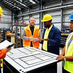 **Image Prompt:** A diverse group of factory workers participating in a "toolbox meeting," discussing safety guidelines with an industrial safety expert. The scene emphasizes open communication, clear visuals (pictograms), and a positive safety culture in a modern industrial setting.