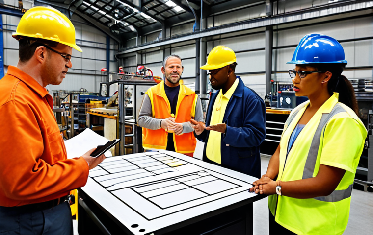 **Image Prompt:** A diverse group of factory workers participating in a "toolbox meeting," discussing safety guidelines with an industrial safety expert. The scene emphasizes open communication, clear visuals (pictograms), and a positive safety culture in a modern industrial setting.