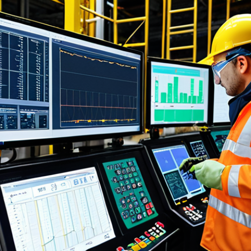 Home 17 **Image Prompt:** Industrial setting with workers in safety gear, sensors monitoring equipment, and an AI interface displaying risk analysis data, emphasizing proactive safety measures.