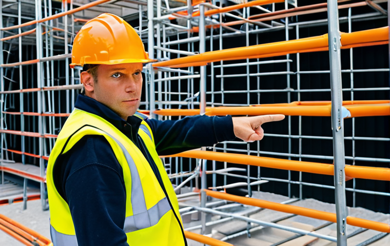 **
A construction site safety coordinator wearing a high-visibility vest, pointing to a safety hazard (e.g., unsecured scaffolding) while instructing workers. Focus on the dynamic environment and the coordinator's proactive role in preventing accidents. Emphasize the "Bouwplaatsveiligheidscoördinator" role.
**